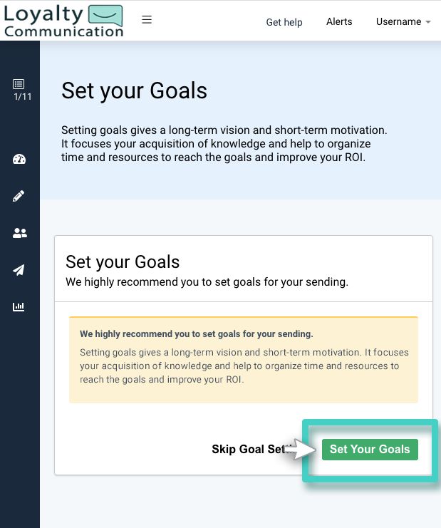 SMS with landing page, set campaign goals. Goals button highlighted