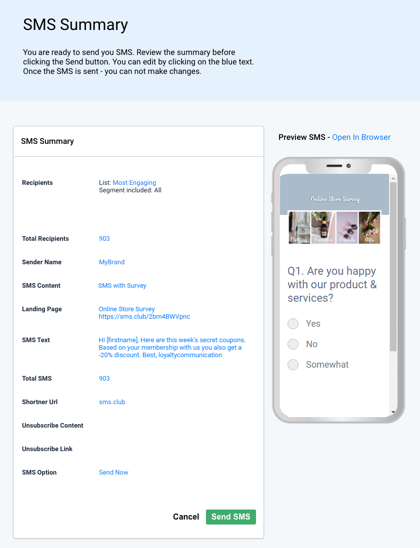 SMS summary. Recipients, sender name, SMS content, landing page and preview