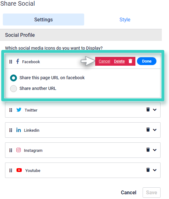 Social media settings for facebook, twitter and linkedin