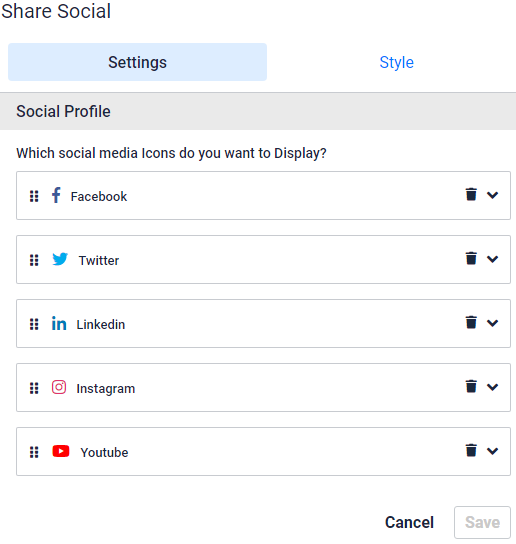 Social media icons highlighted. Facebook, twitter, linkedin, instagram and youtube icons