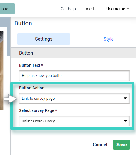 Survey redirect button. Link to survey page is highlighted