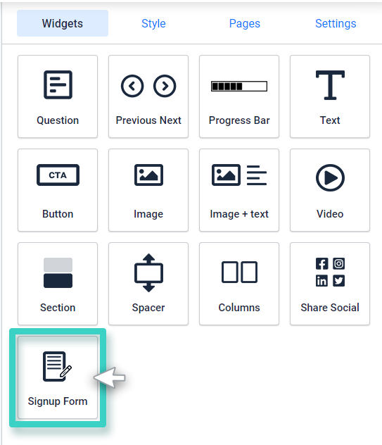 Landing page signup form widget Landing page signup form. The signup form widget is highlighted