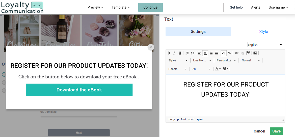 Survey redirect button. Popup text editor is visible
