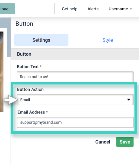 Survey redirect button. Email button action is highlighted