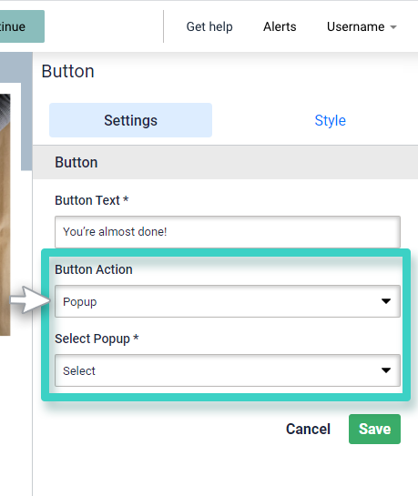 Survey redirect button. Popup button action is highlighted