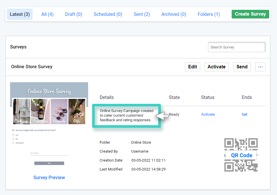 Survey description Survey manager, Survey description is highlighted