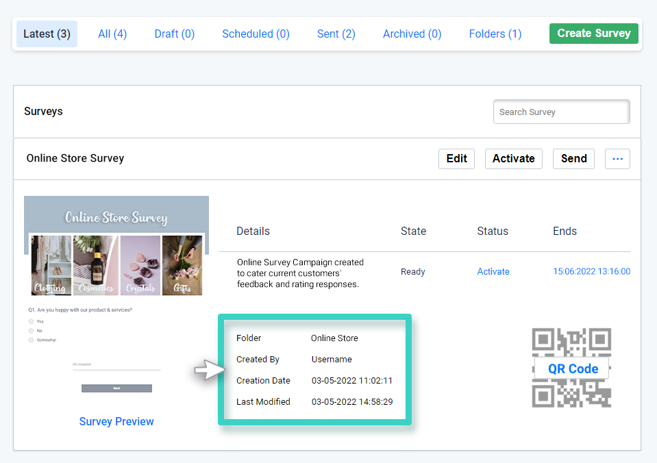 Survey folder creation date Survey creations, Survey meta data is highlighted