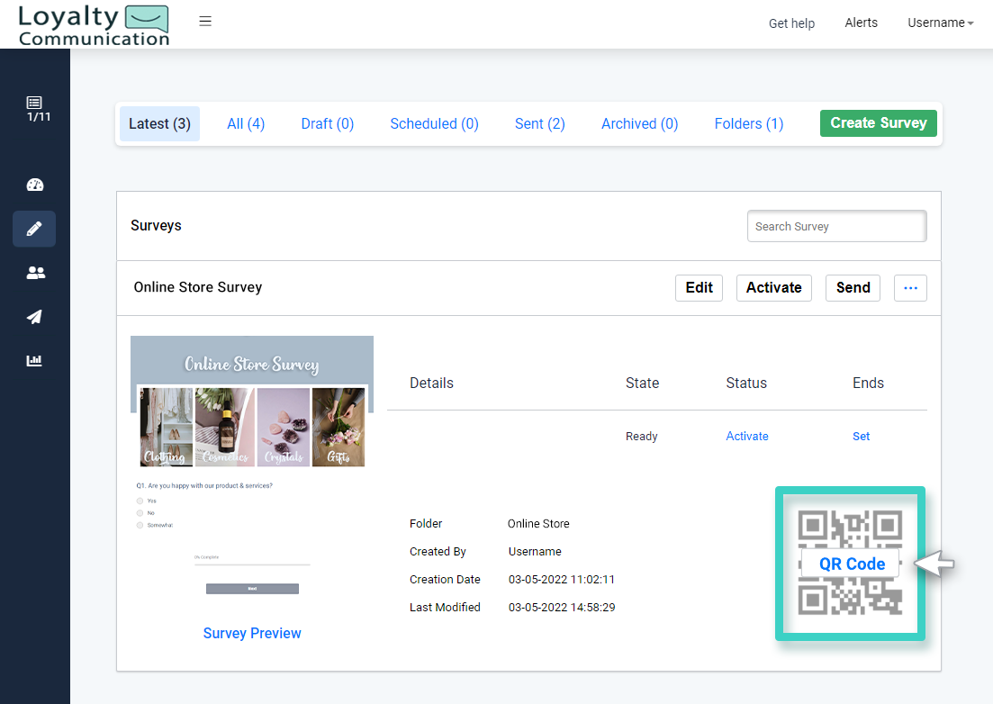 Survey Manager. Inactive QR Code is highlighted