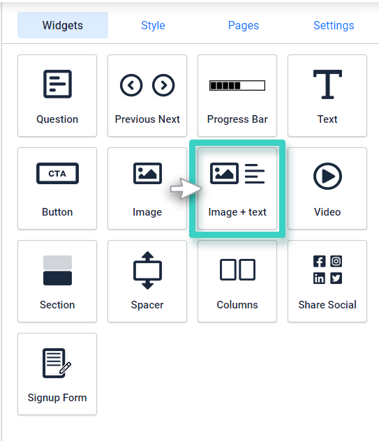 Survey image and text widget Survey image and text widget. The image and text widget is highlighted