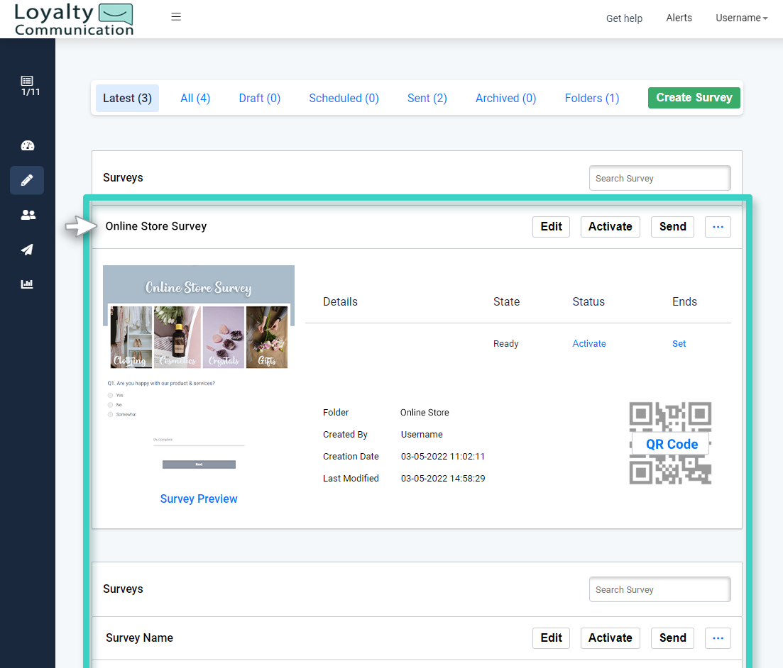 Survey Manager. list of surveys are visible