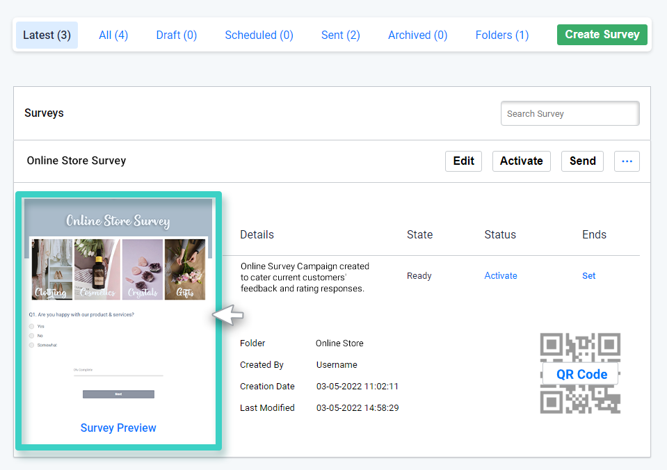 Survey preview Survey creations, Survey preview is highlighted