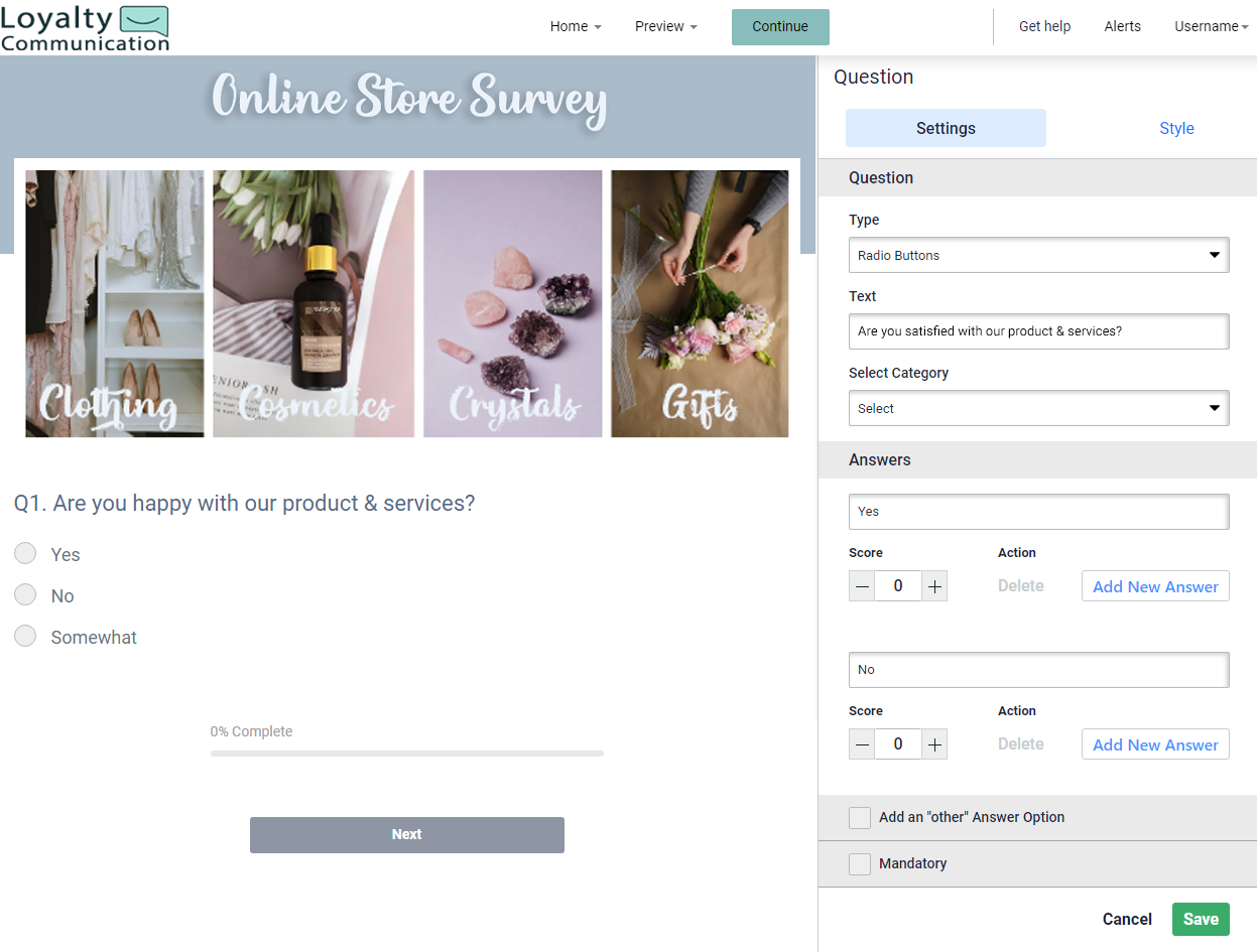 Survey question builder. Radio button is visible