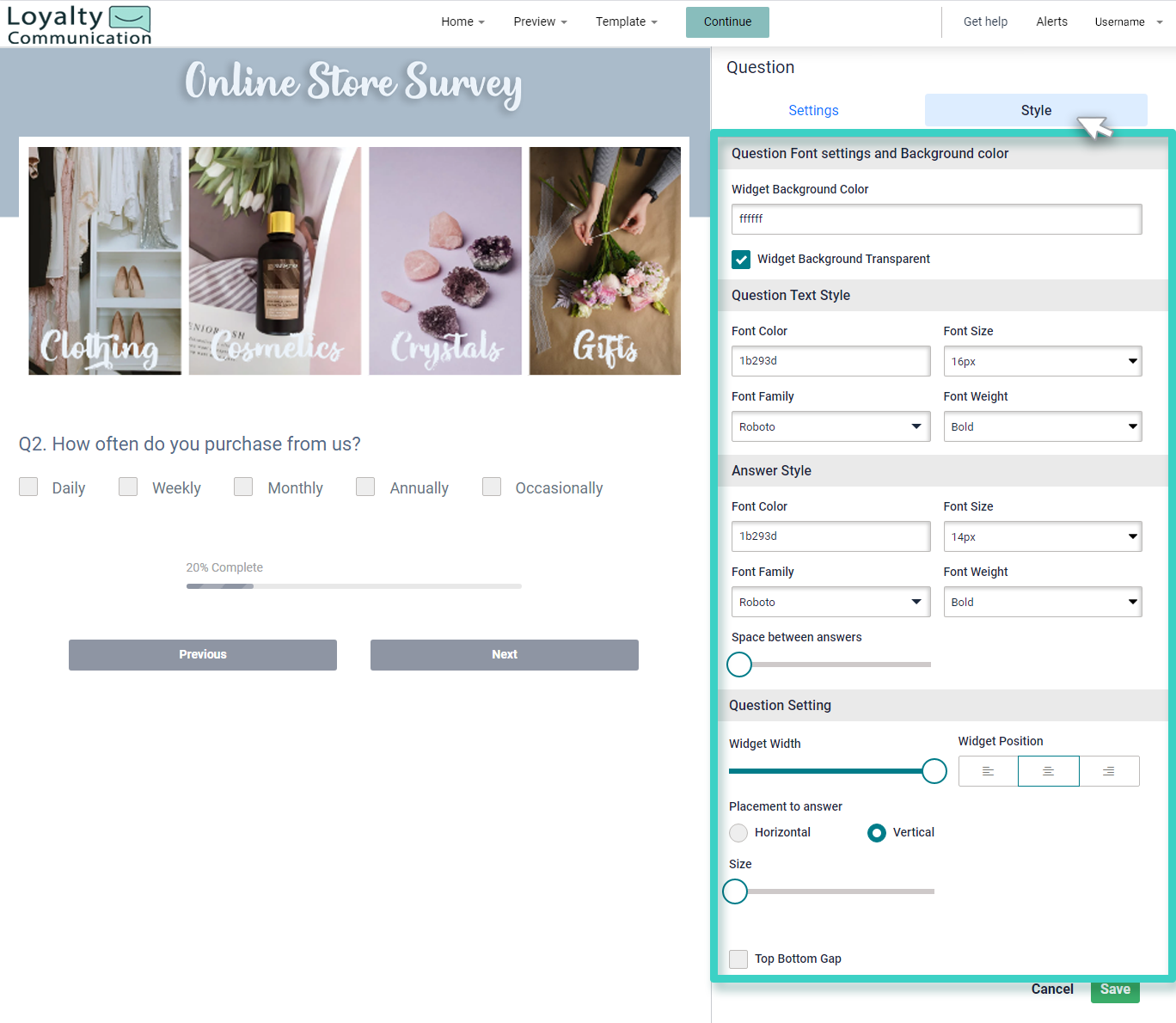 Survey question button. Style section is visible