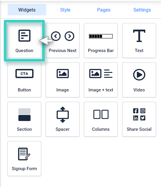 Survey builder widgets. Question widget is highlighted