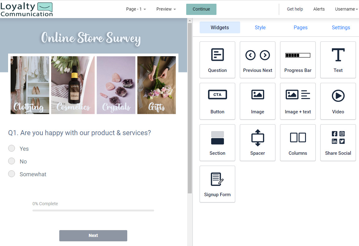Landing page section. Elements are added to the workspace