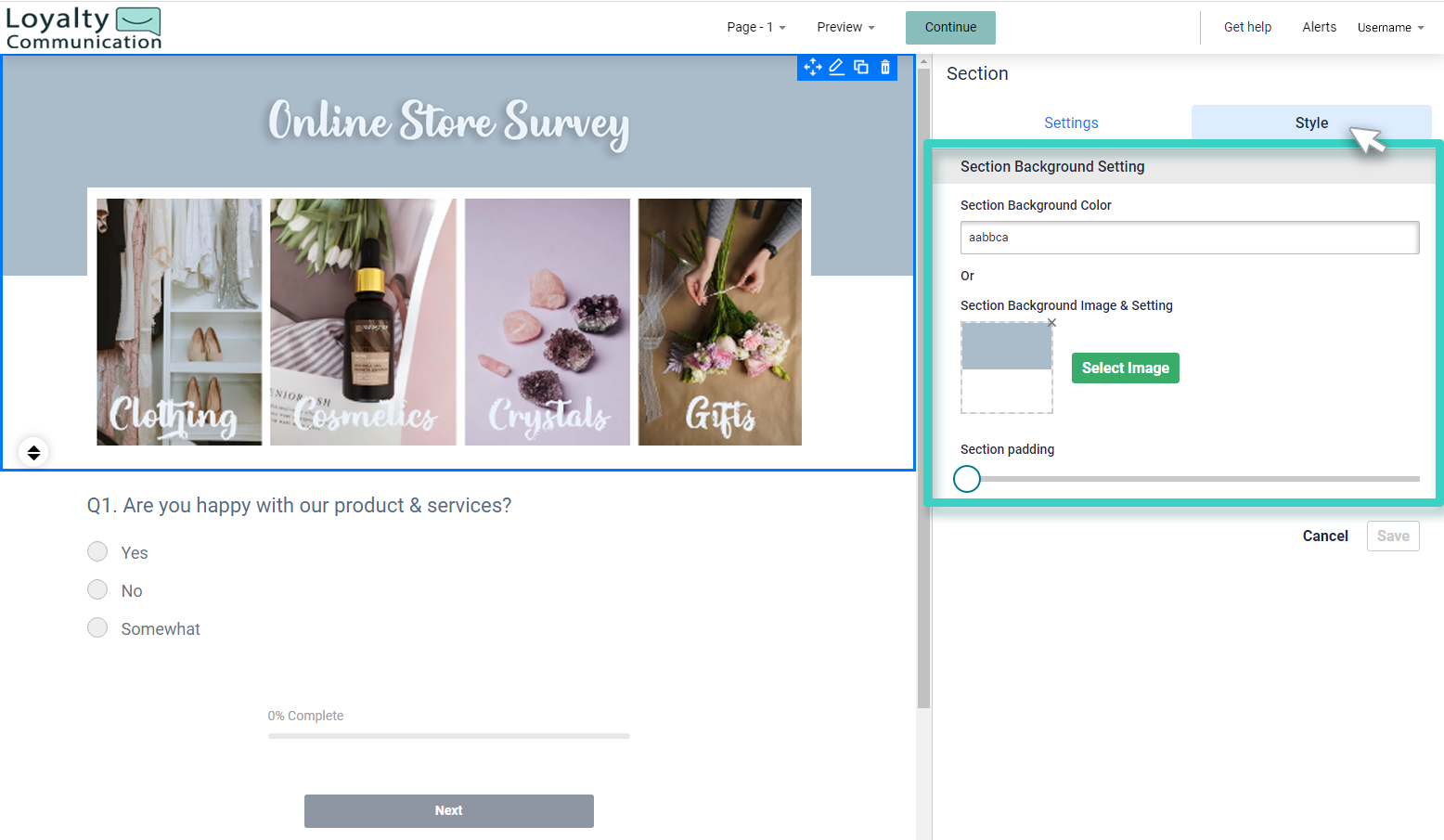 Landing page section. The style tab is highlighted