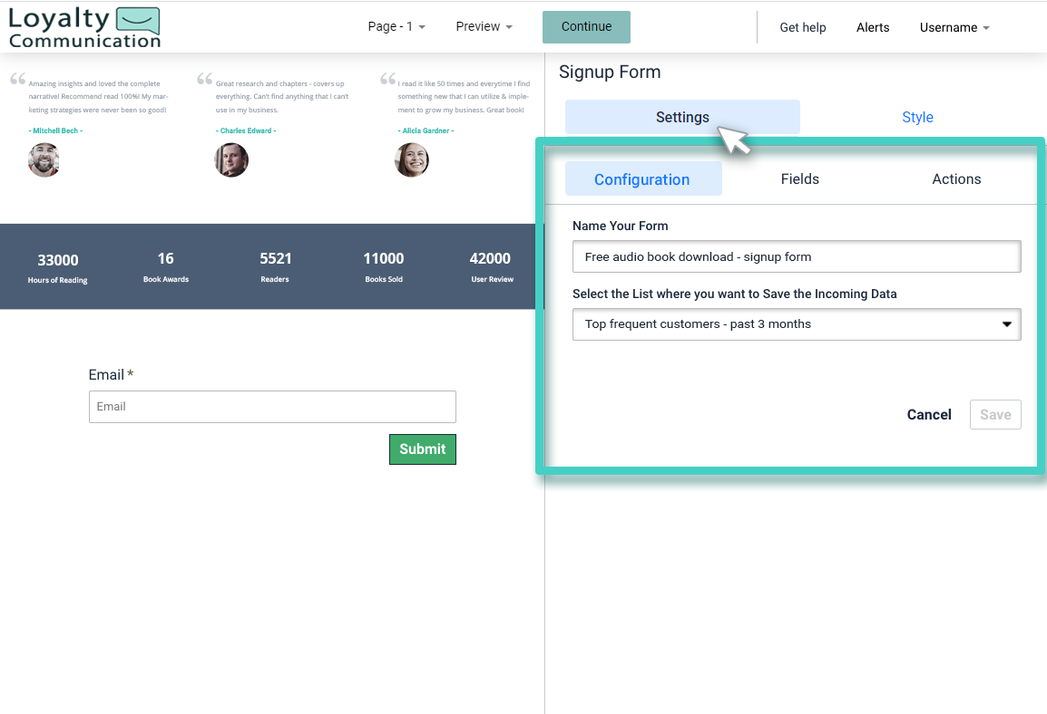 Landing page signup form settings Landing page signup form. The signup form widget settings tab is highlighted