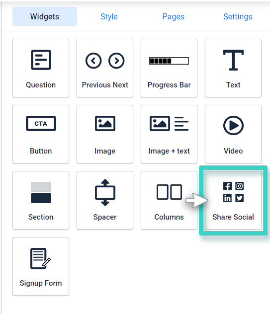 Landing page builder social media widget for facebook, instagram, linkedin and twitter