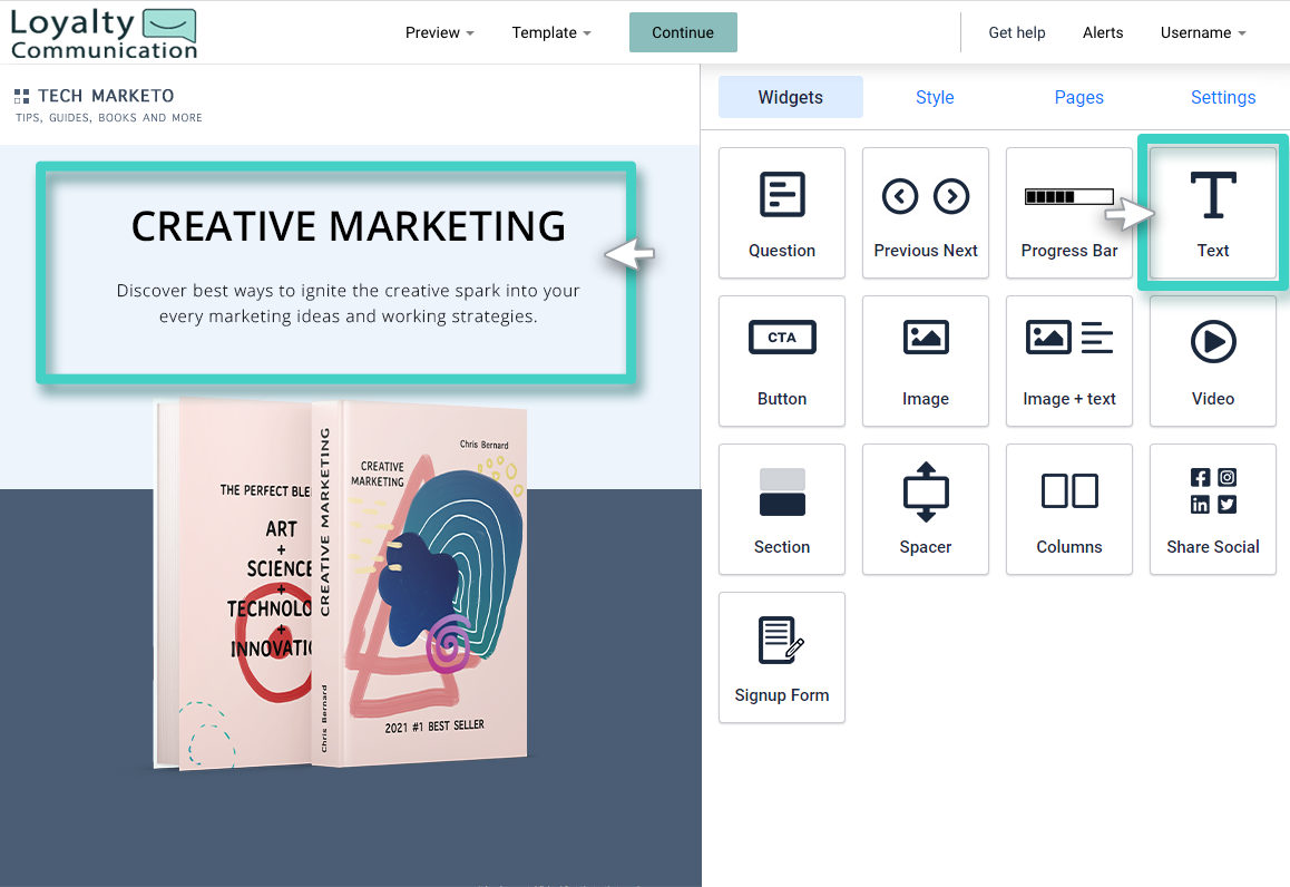 Landing page builder drag and drop text widget