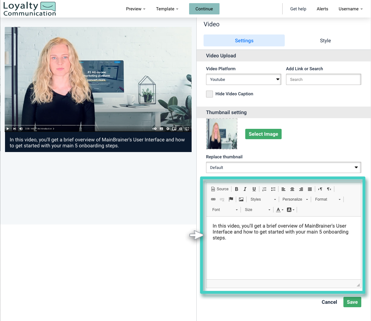 Landing page video widget. Video caption settings is highlighted